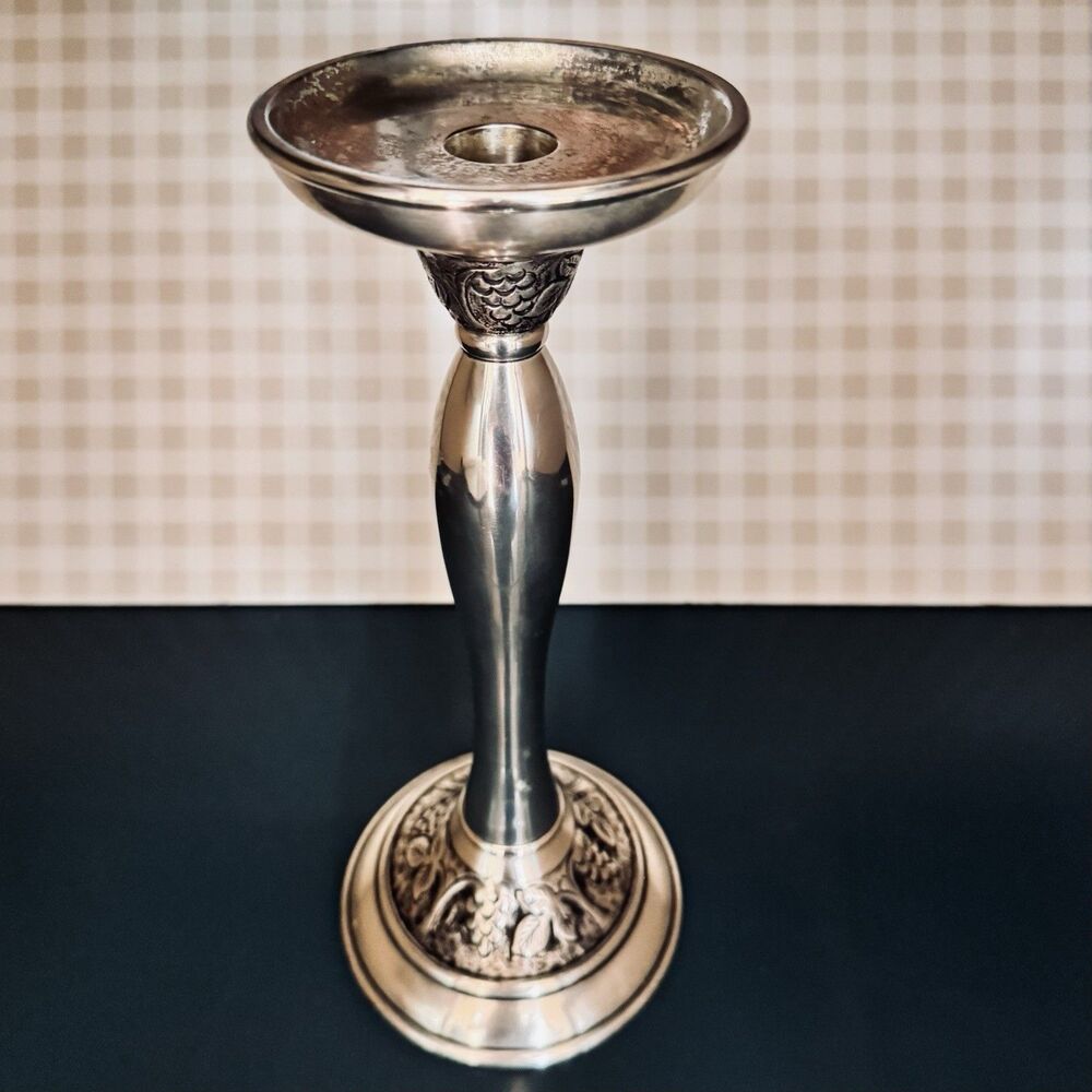 VTG Pottery Barn Taper Candle Holder 10”H Grapevine Embossed Metal Candlestick